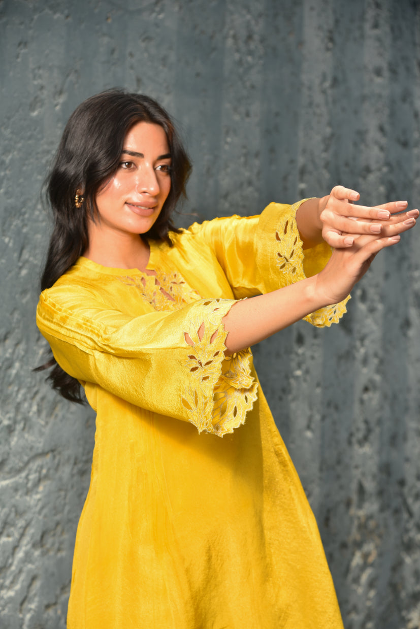 Daffodil Yellow Zari Silk Kurta Set View 9 - Designer Ethnic Wear