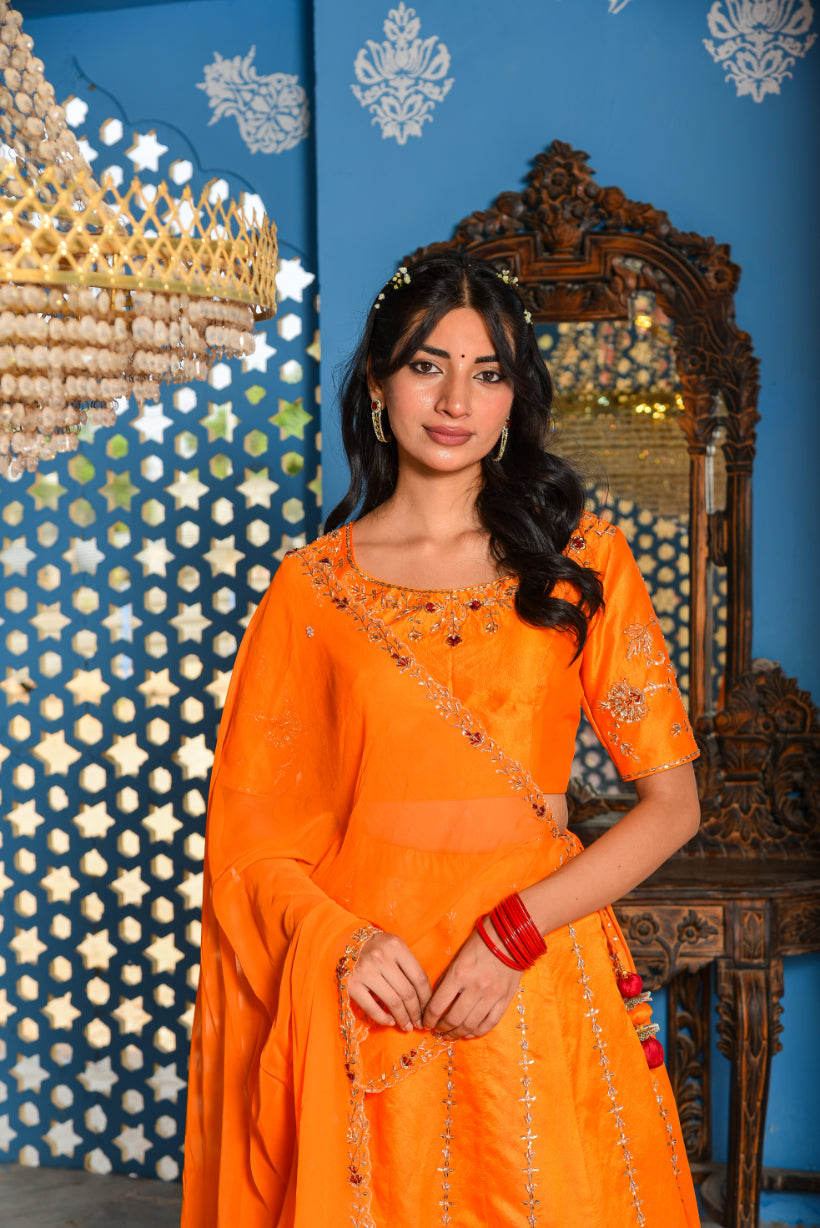 Orange Heavy Embroidery Lehenga Set Full Look - Designer Ethnic Wear