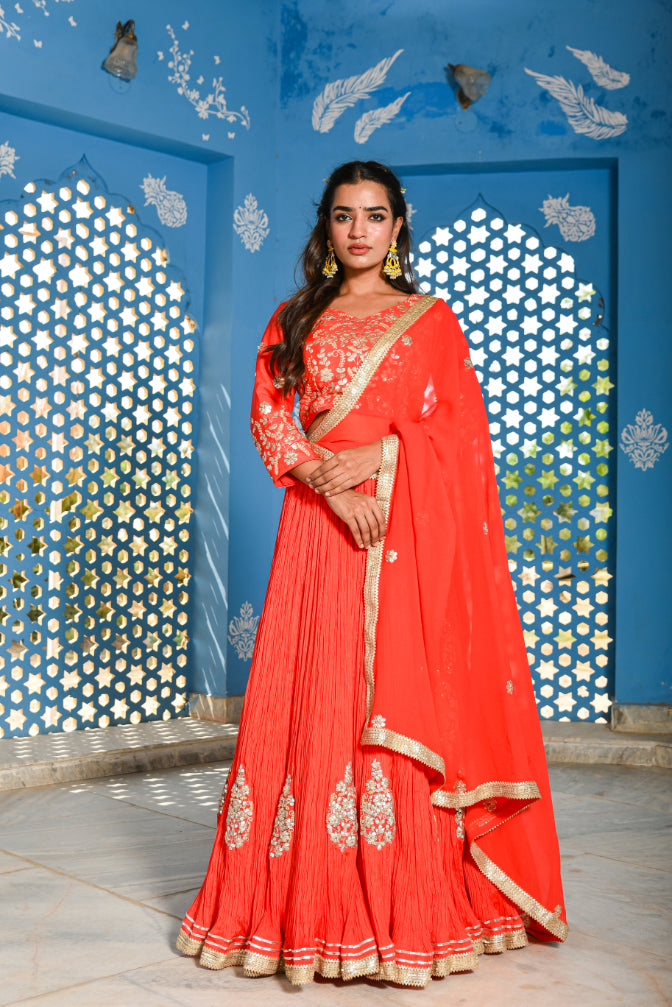 Dust Orange Gotta Patti Lehenga Set Side View - Designer Ethnic Wear