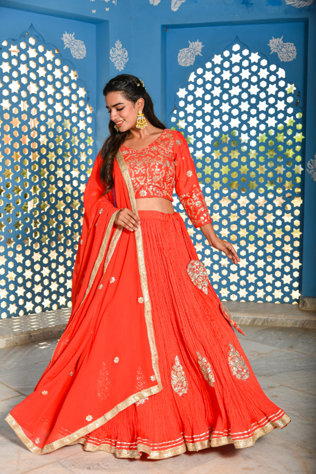 Dust Orange Gotta Patti Lehenga Set Styling View - Designer Ethnic Wear