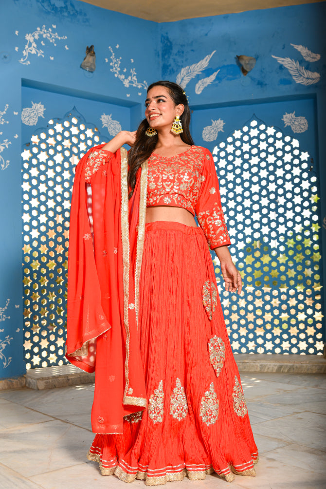 Dust Orange Gotta Patti Lehenga Set View 9 - Designer Ethnic Wear