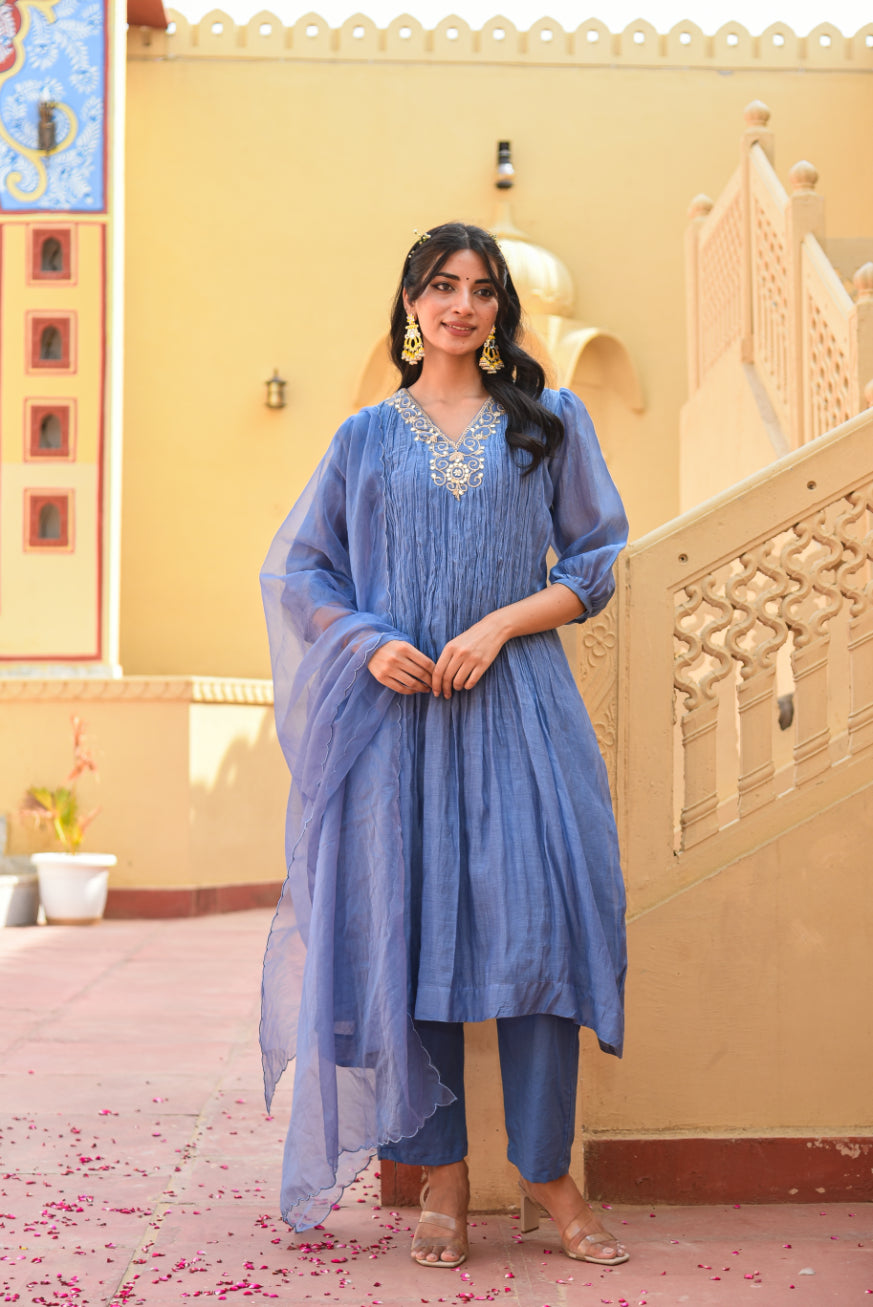 Marine Blue Chanderi Silk Kurta Set Back View - Designer Ethnic Wear