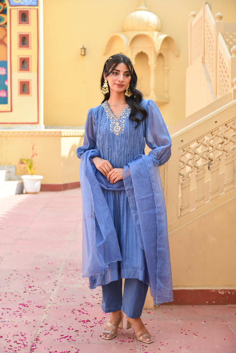 Marine Blue Chanderi Silk Kurta Set Close-up - Designer Ethnic Wear