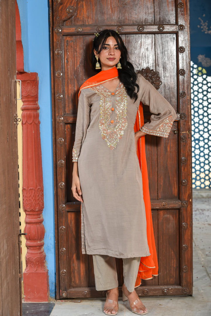 Taupe Grey Straight Kurta Set Back View - Designer Ethnic Wear