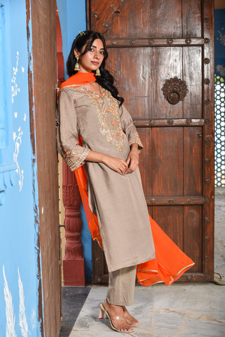 Taupe Grey Straight Kurta Set Close-up - Designer Ethnic Wear