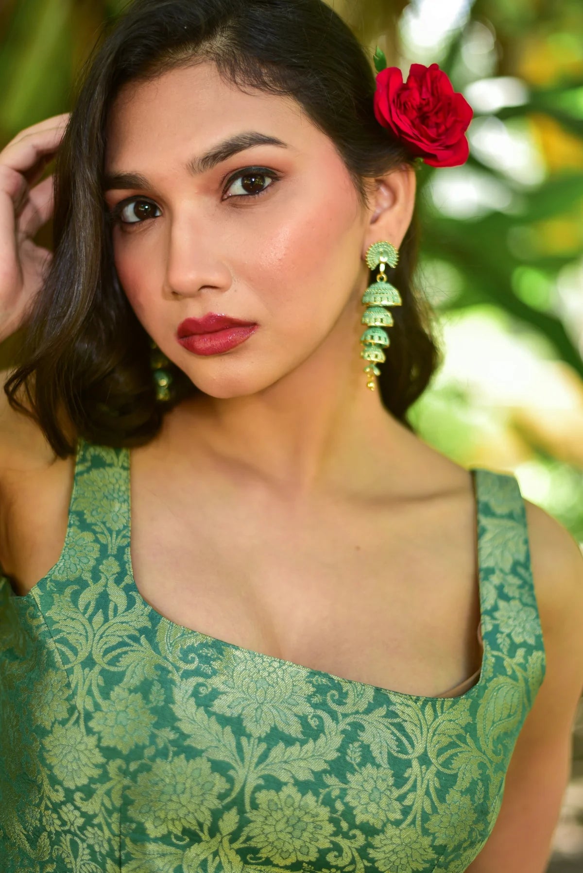 Green Goddess Brocade Set Back View - Designer Ethnic Wear