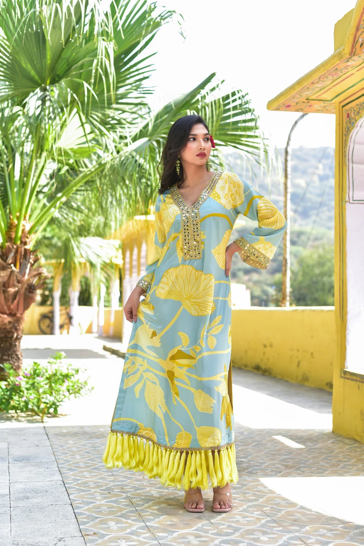 Lemon Gala Afghani Dress Model Shot - Designer Ethnic Wear