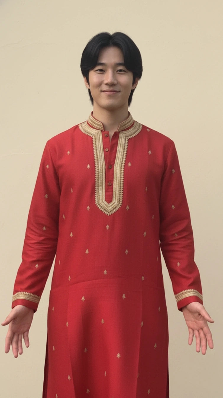 Person wearing a red traditional outfit with gold embroidery on a beige background