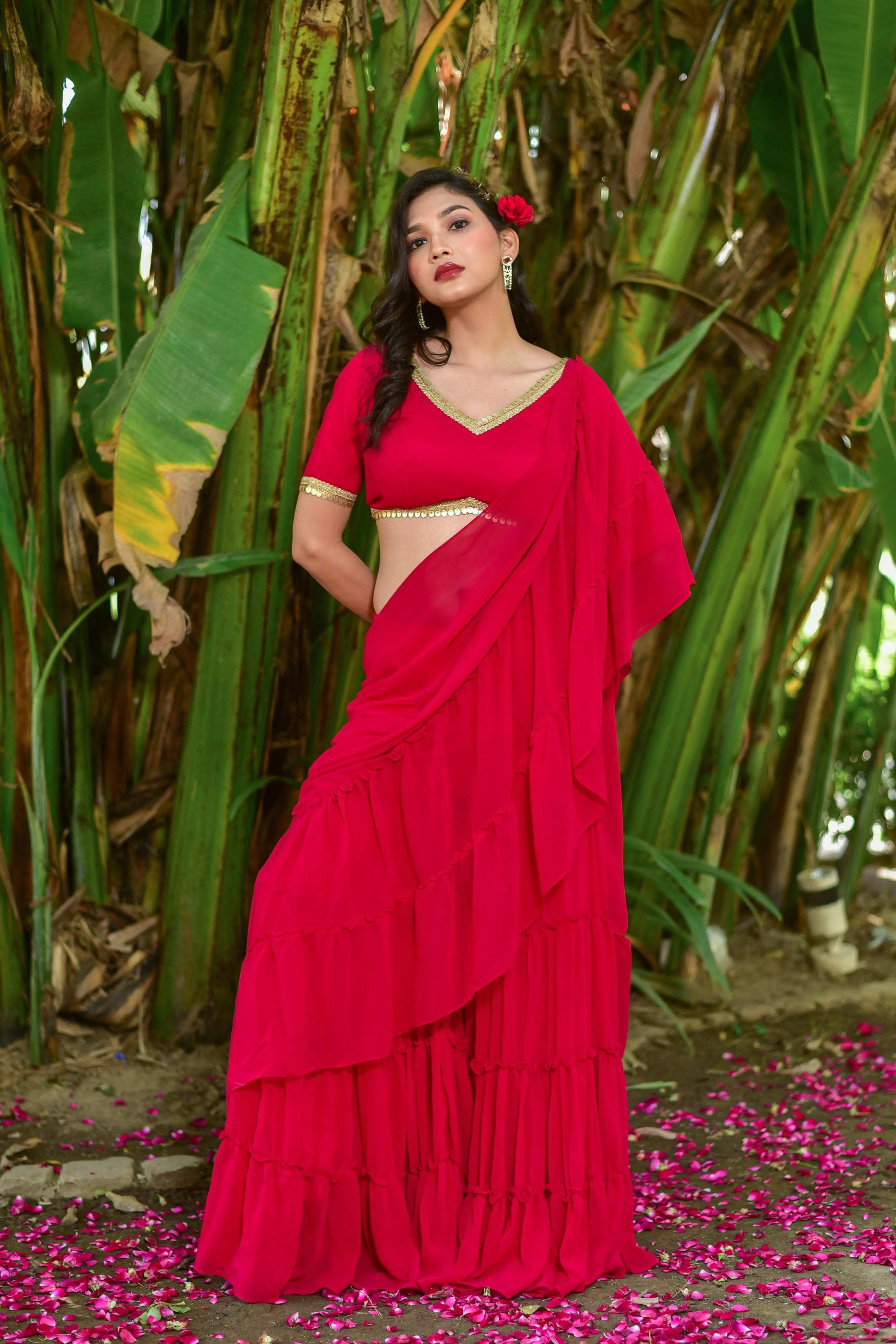 Bottle Green Georgette Sharara Saree Set