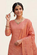Gajari Peach Woven Tussar Silk Unstitched Kurta Set with Organza Dupatta