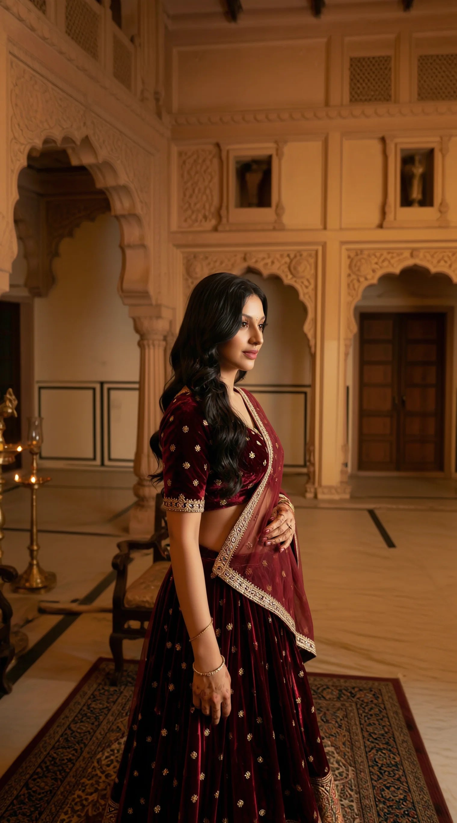 Velvet Lehenga Set for women in deep maroon with ornate gold work, festive occasion wear.