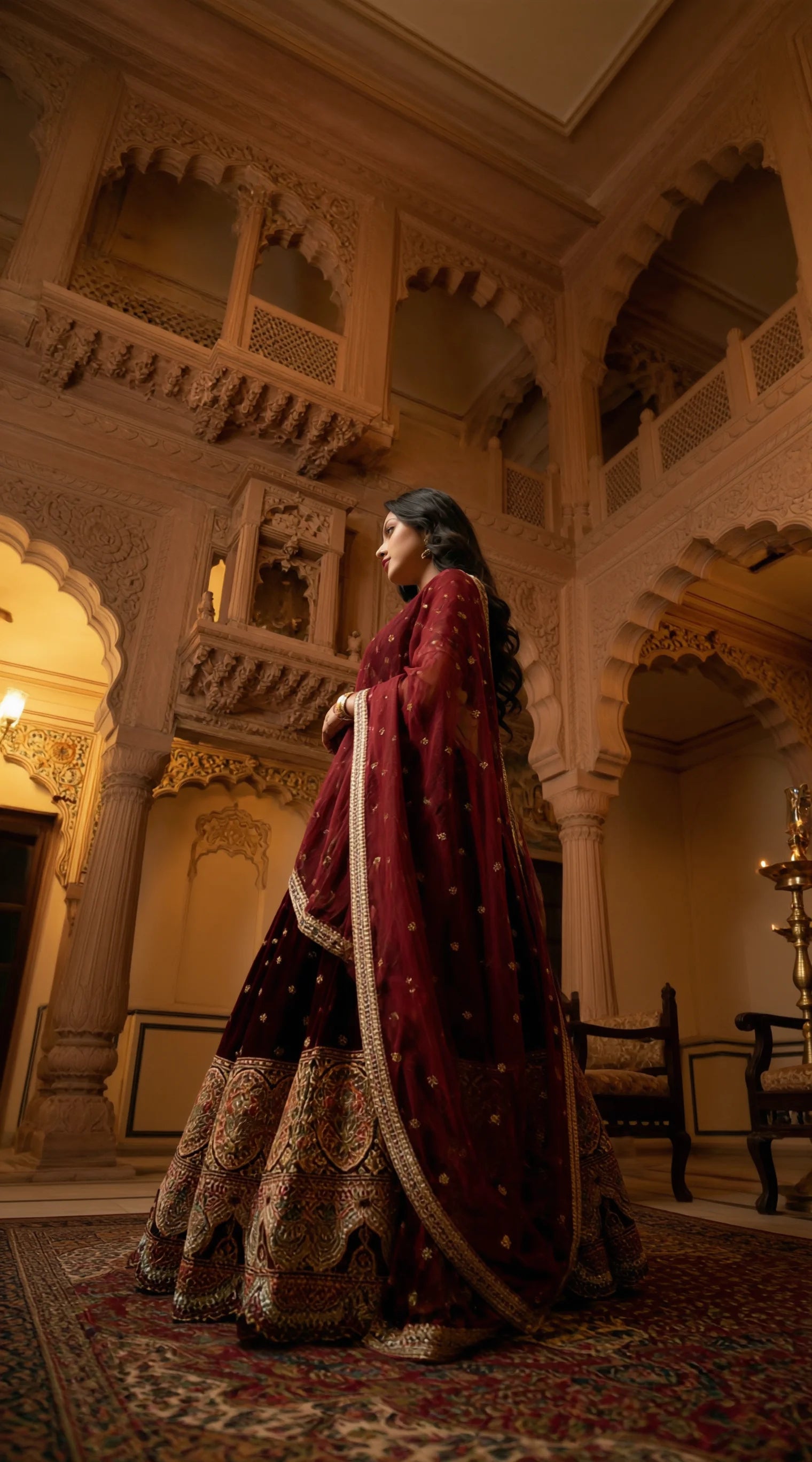 Bridal and festive Velvet Lehenga Set in maroon velvet with handcrafted gold embroidery.