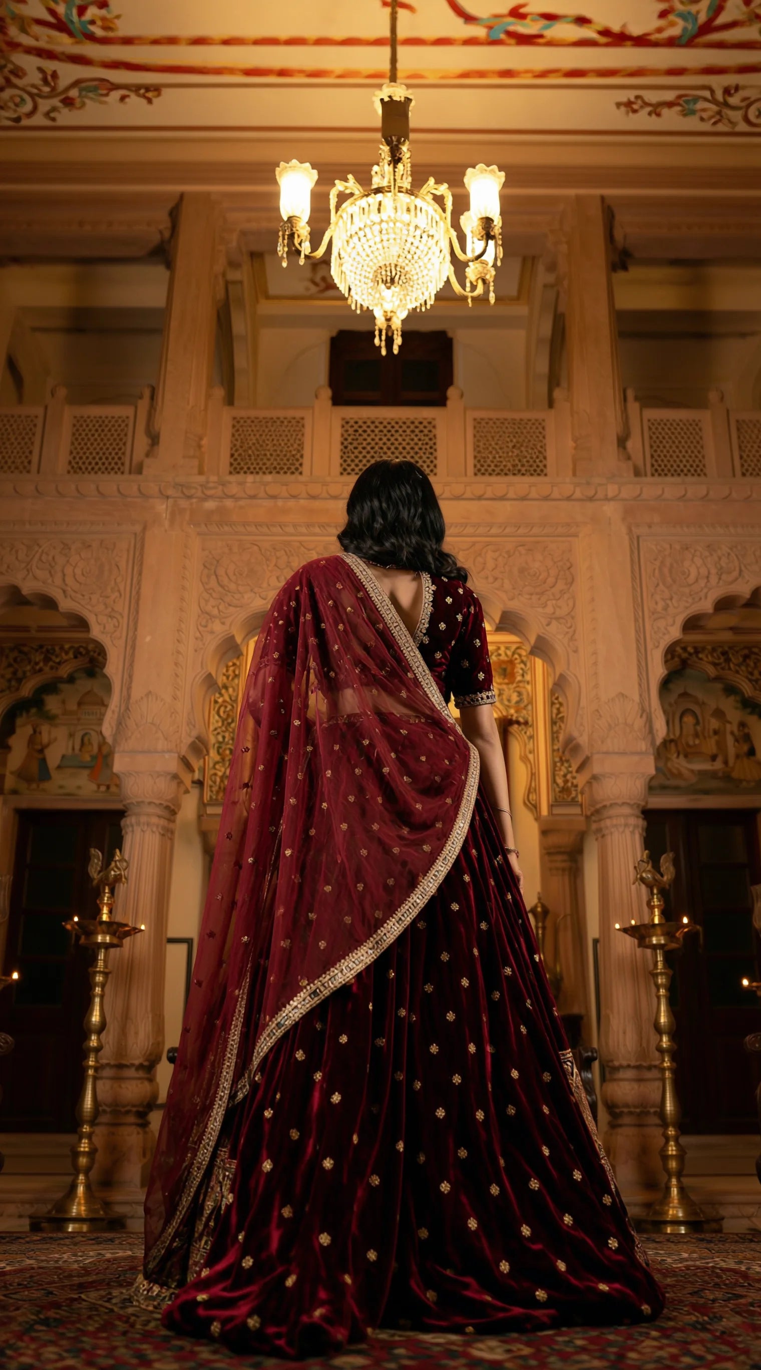 Saroj Jain Velvet Lehenga Set in deep maroon with gold embroidery.