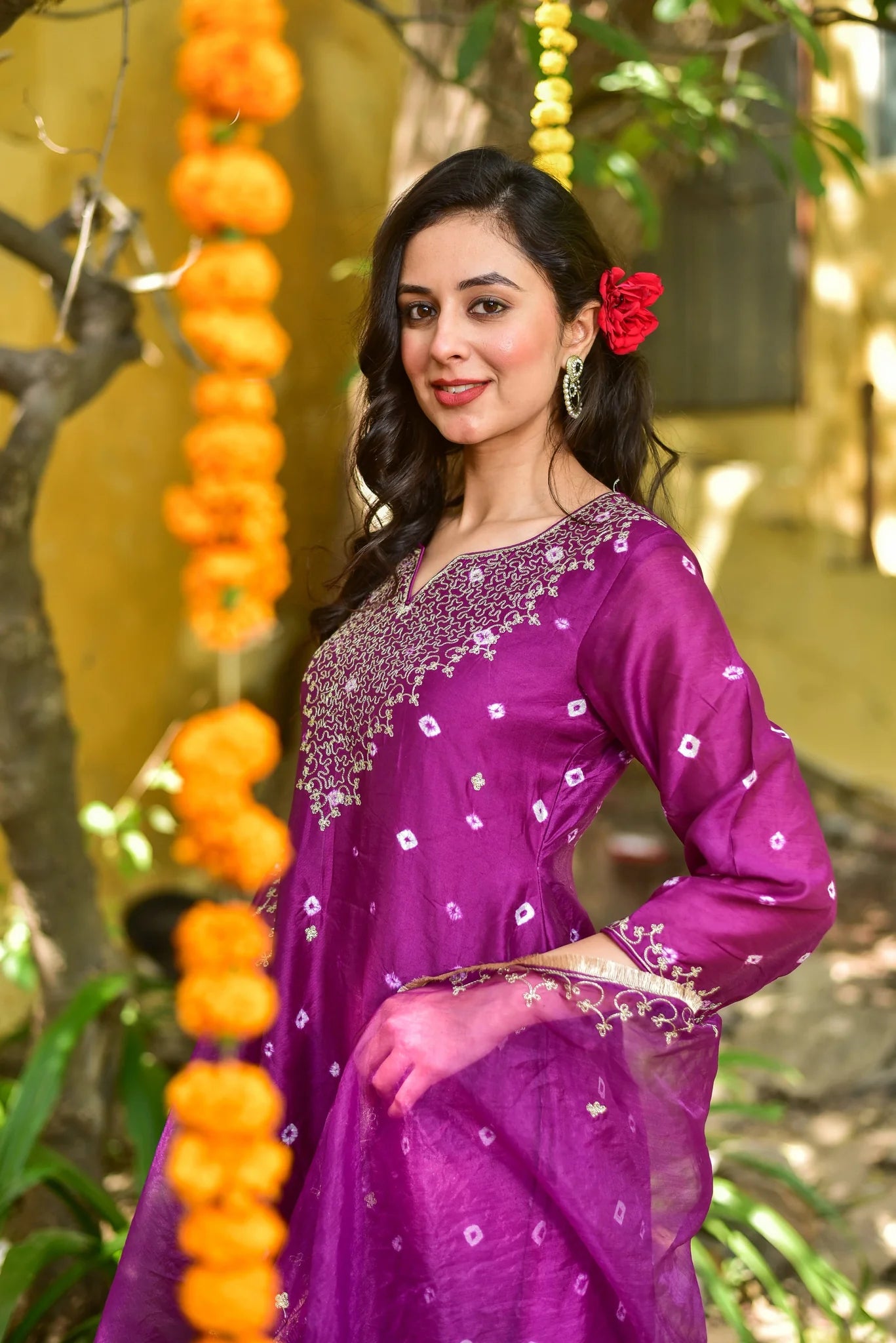 Violet Bandhej Kurta Set