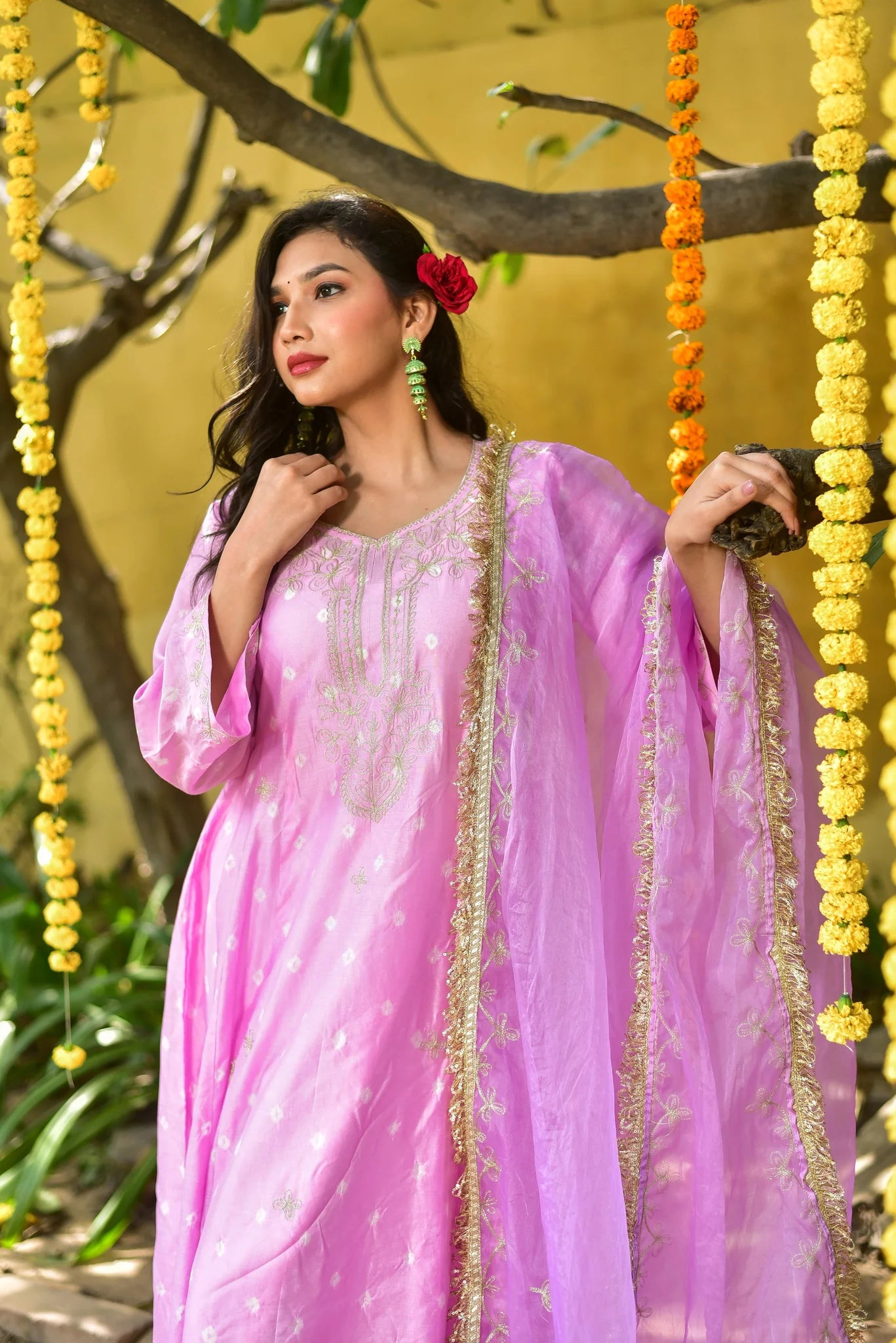 Baby Pink Bandhej Kurta Set - Luxury Fashion by Saroj Jain - View 11