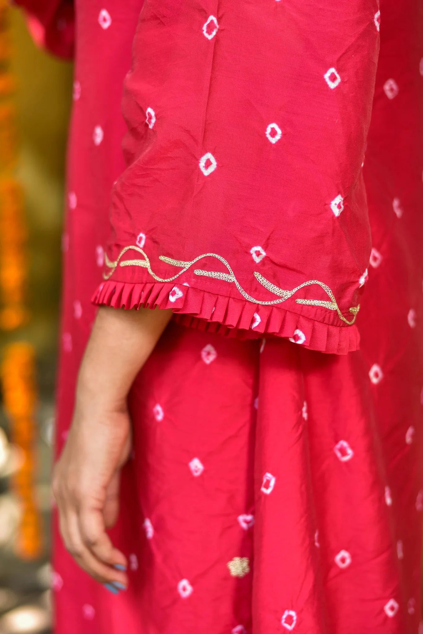 Red Bhandej Asymmetrical Kurta And Pant Set
