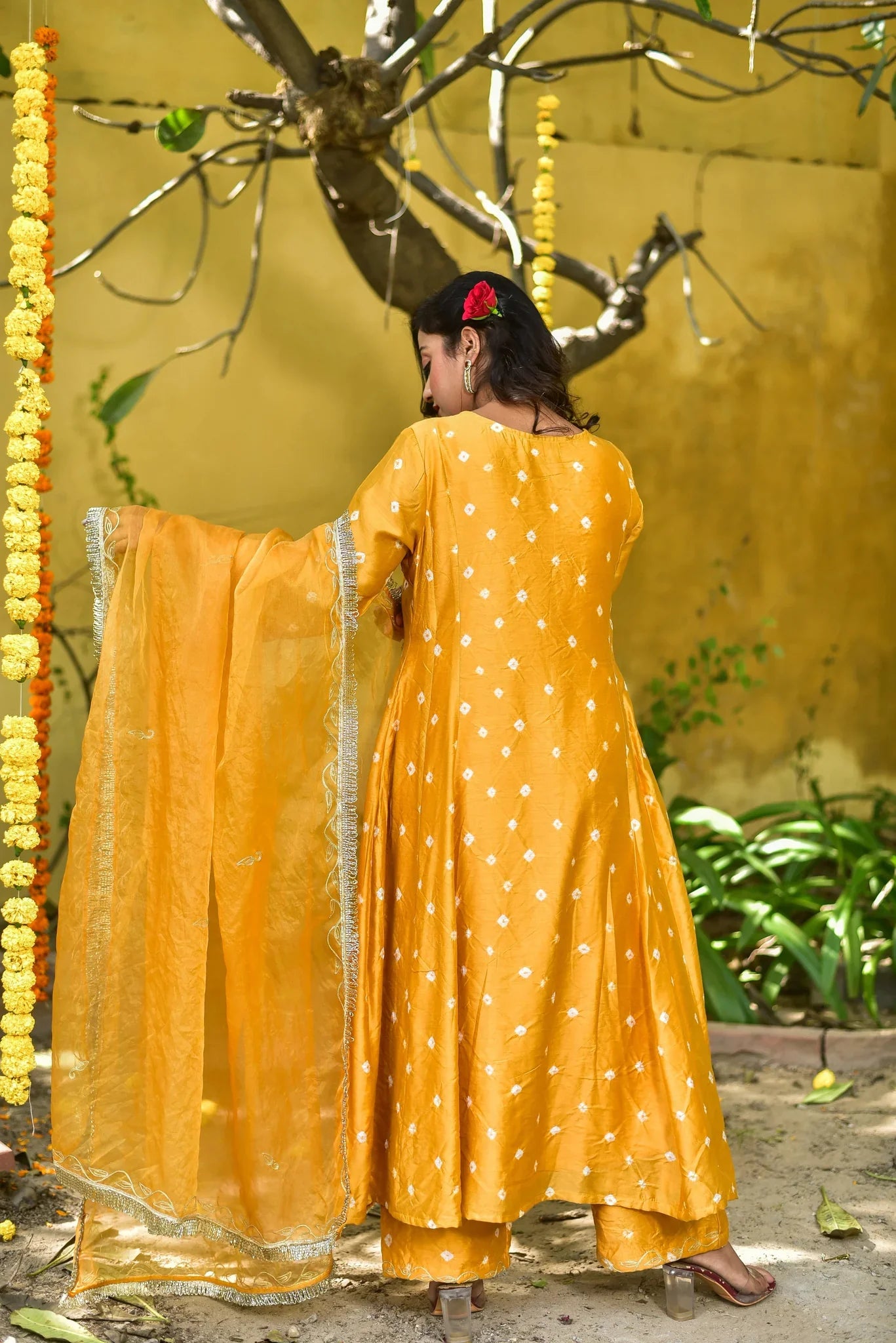 Bandhej Kurta and Pant Set - Mustard Yellow