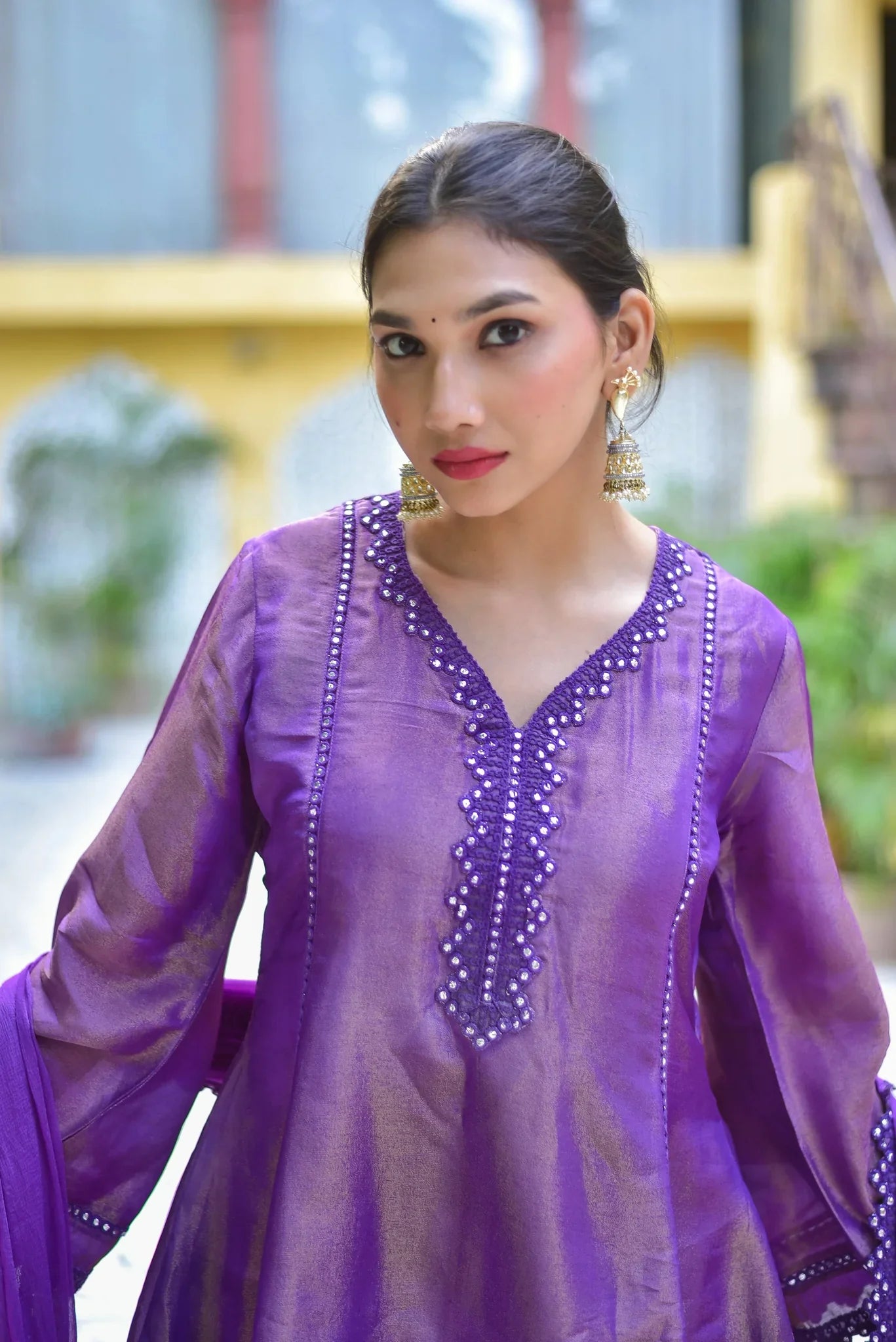 Zari Silk Kurta Sharara Set - Purple