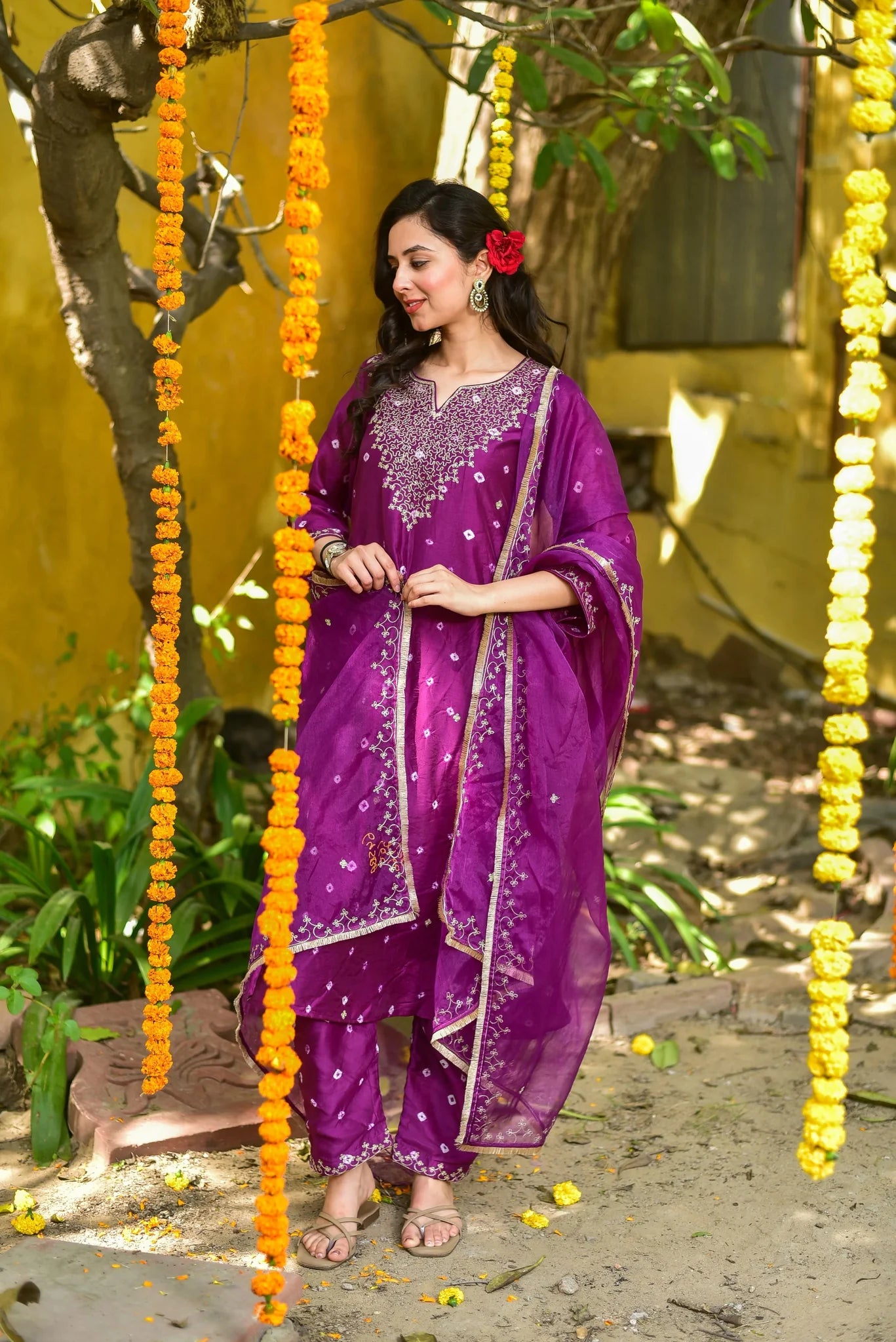 Violet Bandhej Kurta Set