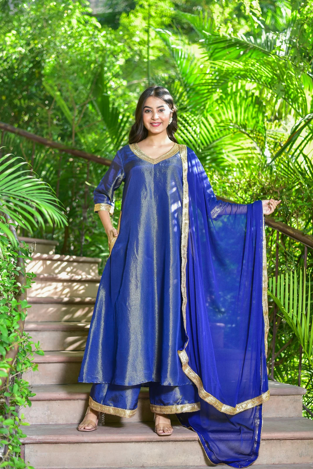 The Ocean Pearl Kurta Set - ELEGANT, AMAZING, TRENDY, HIGHEST SALES PREFERRED - This stunning 3-piece ensemble features rich zari silk fabric with exquisite gold lace work, perfect for festive celebrations and special occasions. The set includes a kurta, palazzo, and dupatta, all crafted with attention to detail and comfort. The ocean-inspired color palette adds a touch of sophistication to any outfit. Experience the beauty of the ocean with this elegant and versatile kurta set.