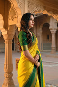 Elegant Crape Georgette Saree in Vibrant Yellow with Green Zari Border