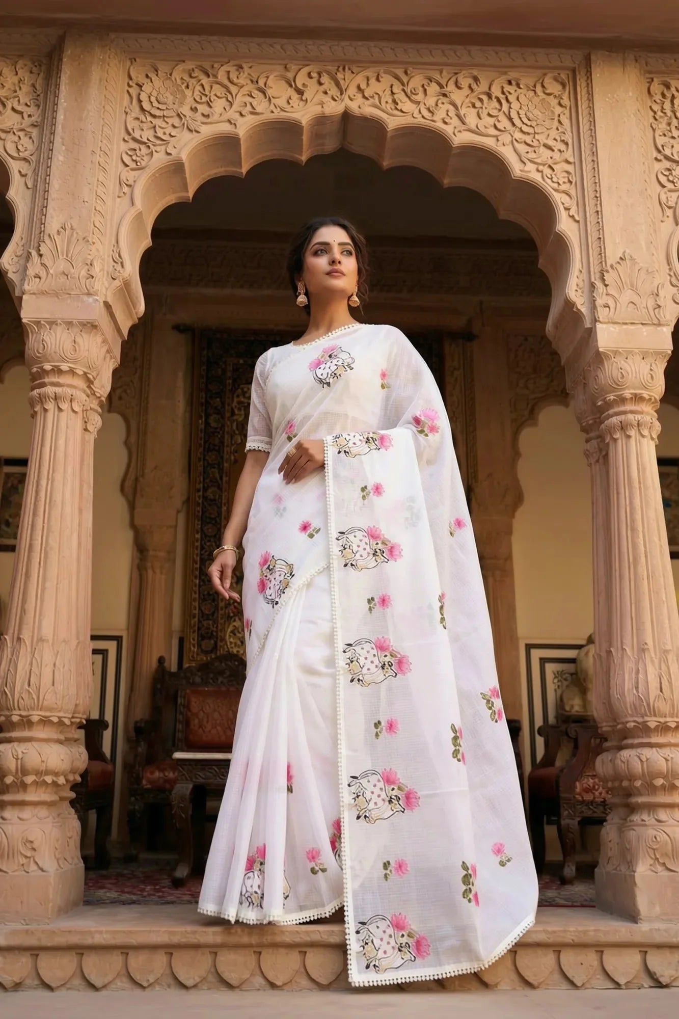 Off-White Kota Silk Saree with Hand-Embroidered Pichwai Motifs