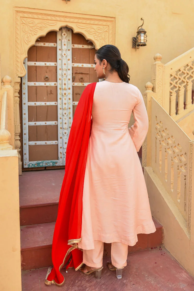 Peach Embroidery Kurta Set