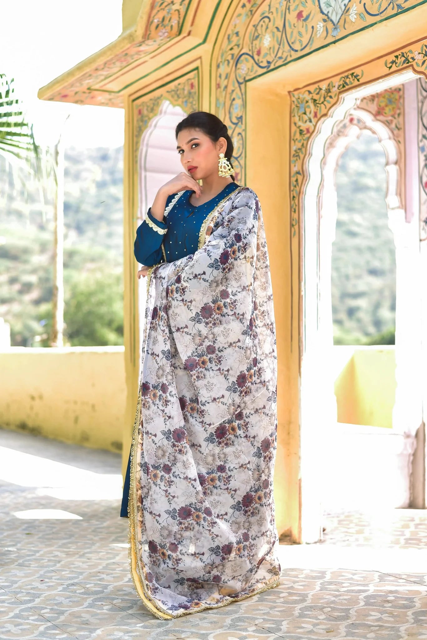 Peacock Blue Kurta & Pant With Floral Dupatta