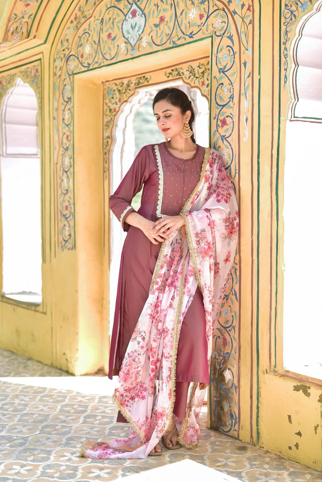 Onion Pink Kurta & Pant With Floral Dupatta