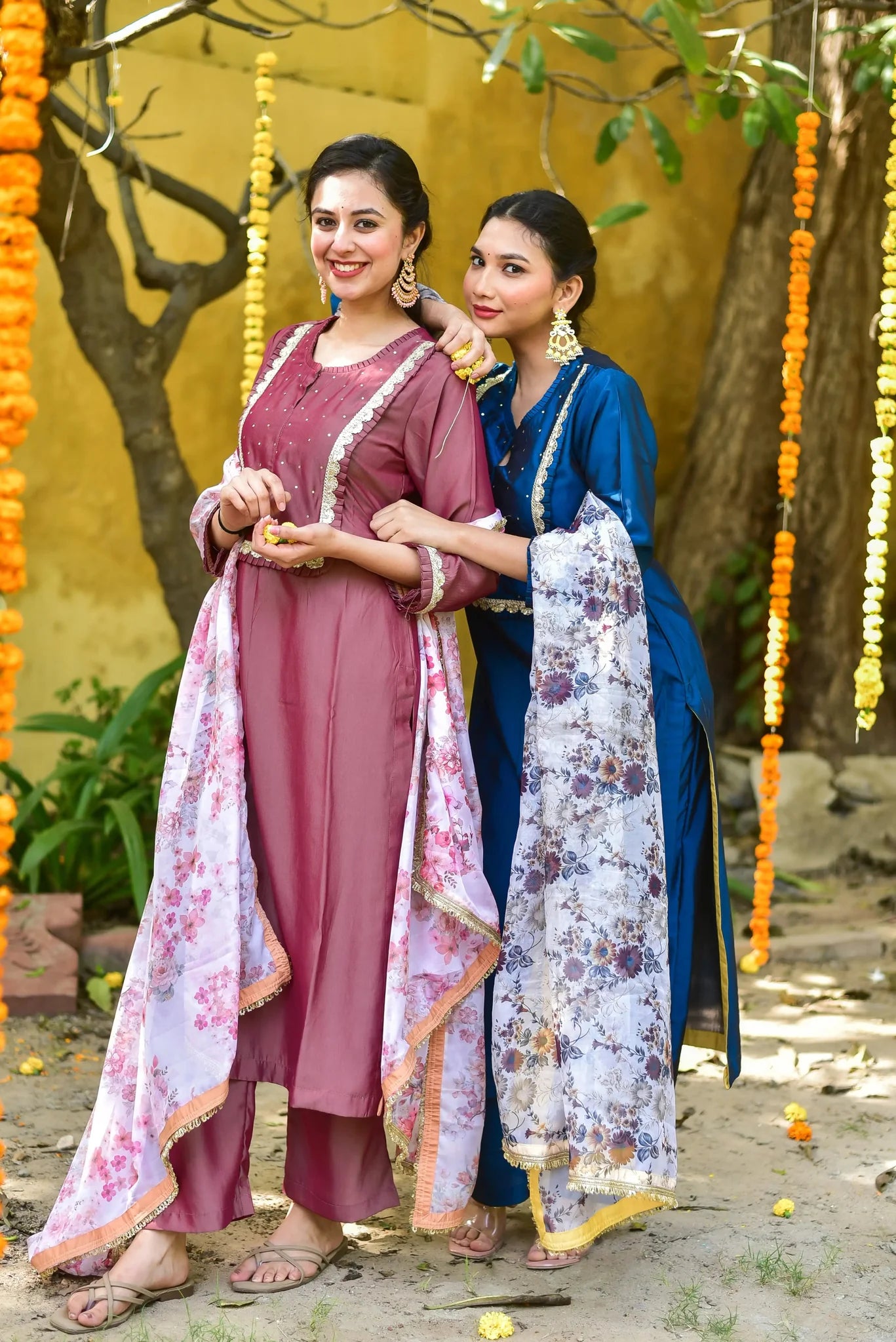 Peacock Blue Kurta & Pant With Floral Dupatta