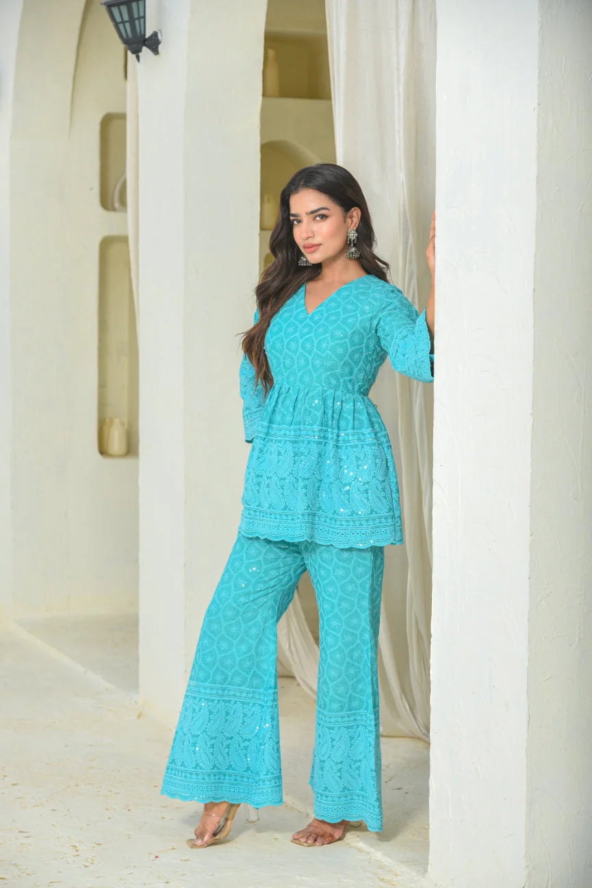 Sea Green Chikankari Co-Ord Set