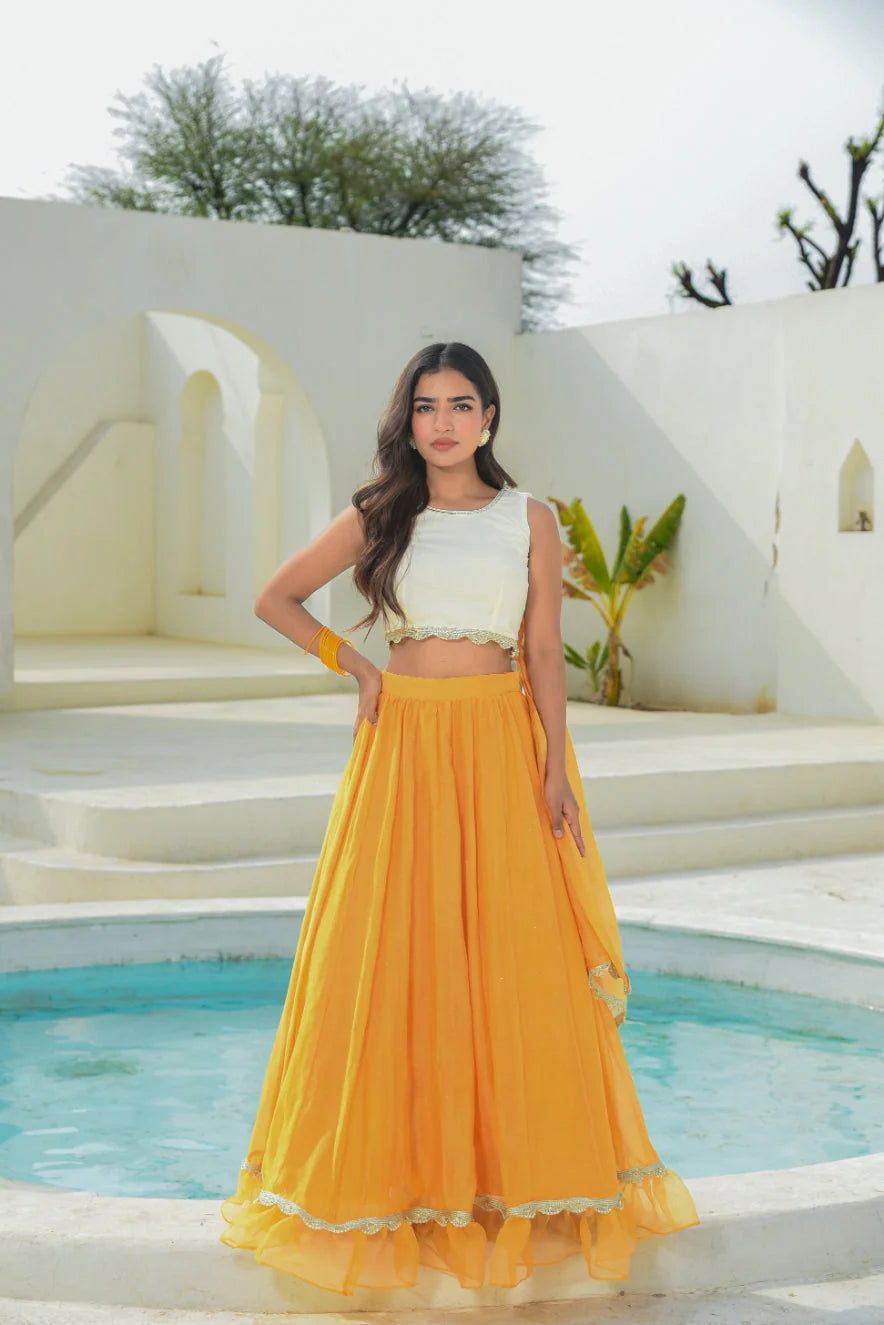 Yellow Aumbre Crop Top With Skirt Set