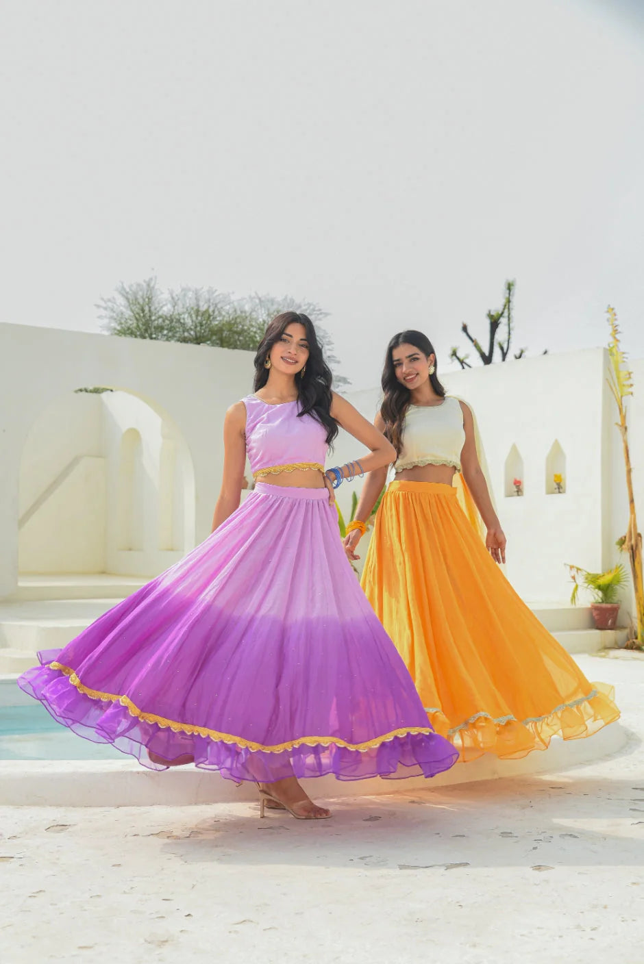 Lavender Aumbre Crop Top With Skirt Set