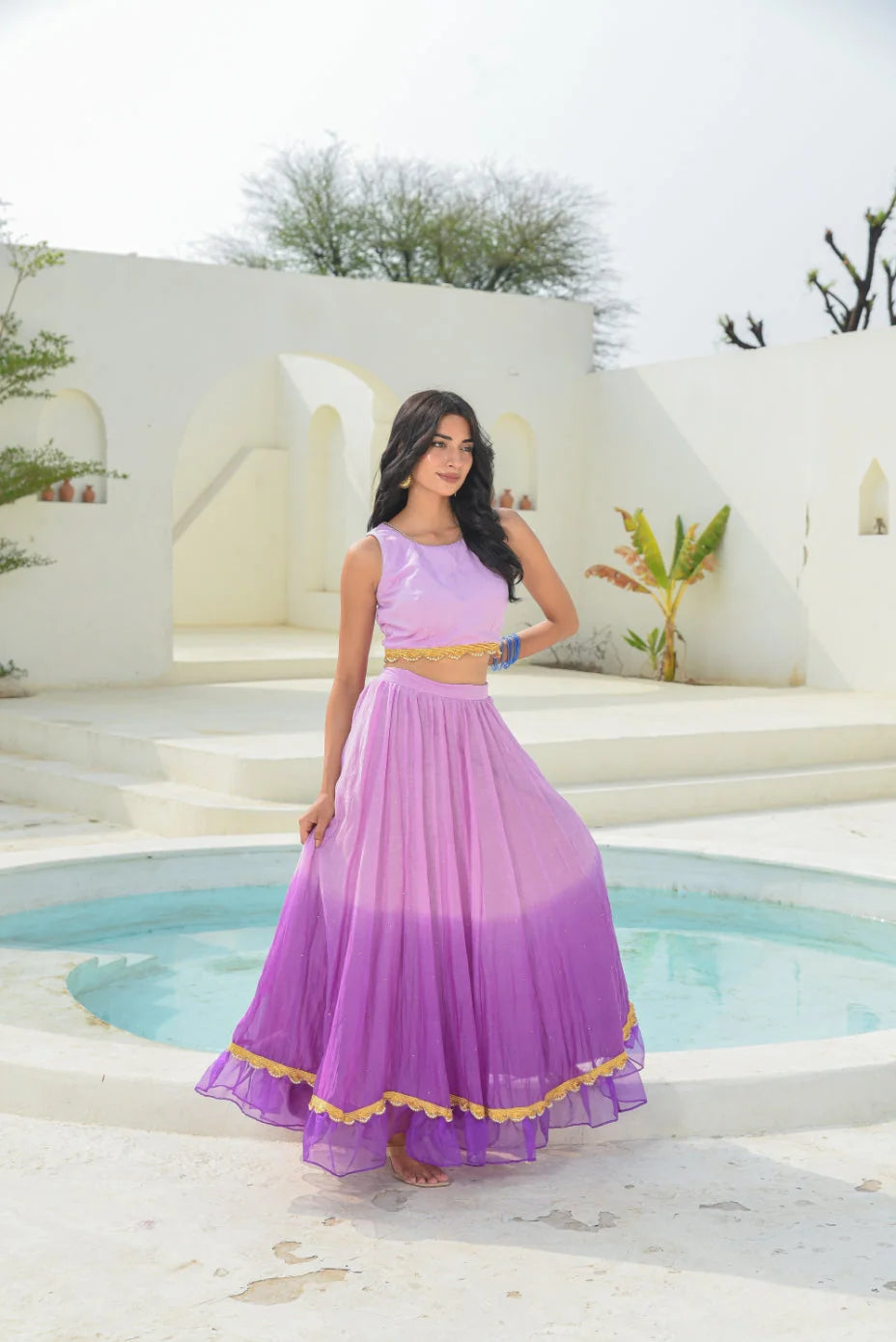 Lavender Aumbre Crop Top With Skirt Set