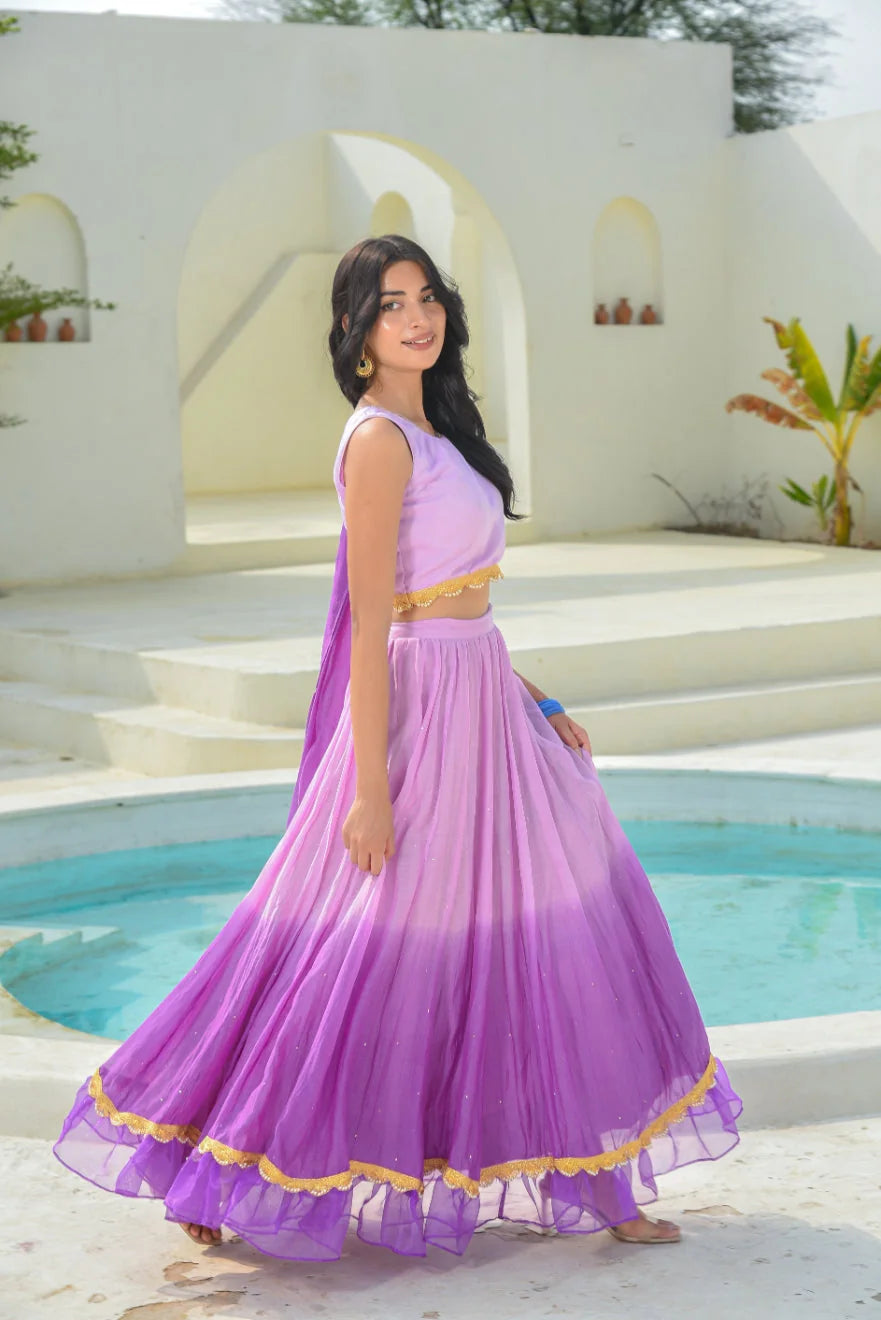 Lavender Aumbre Crop Top With Skirt Set