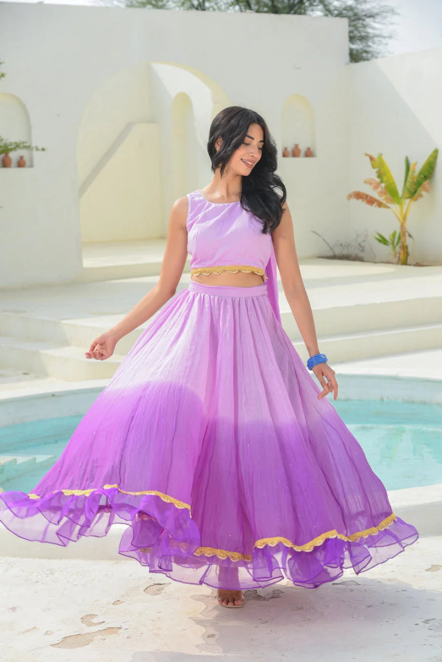 Lavender Aumbre Crop Top With Skirt Set