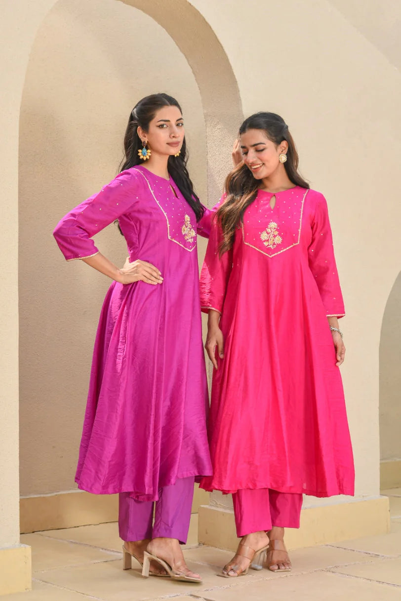 Hot Pink zardozi A-Line Kurta Set