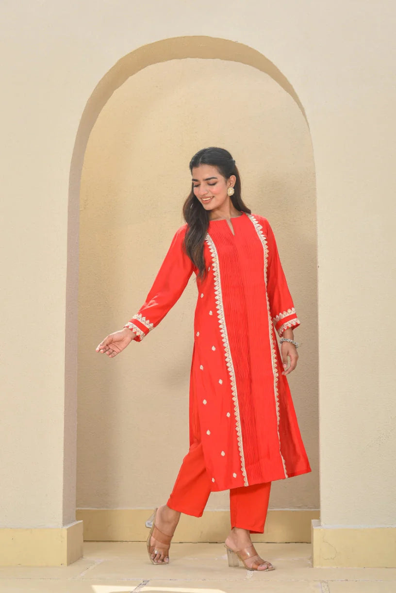Classic Red Zari Silk Kurta Set - Luxury Fashion by Saroj Jain - View 2