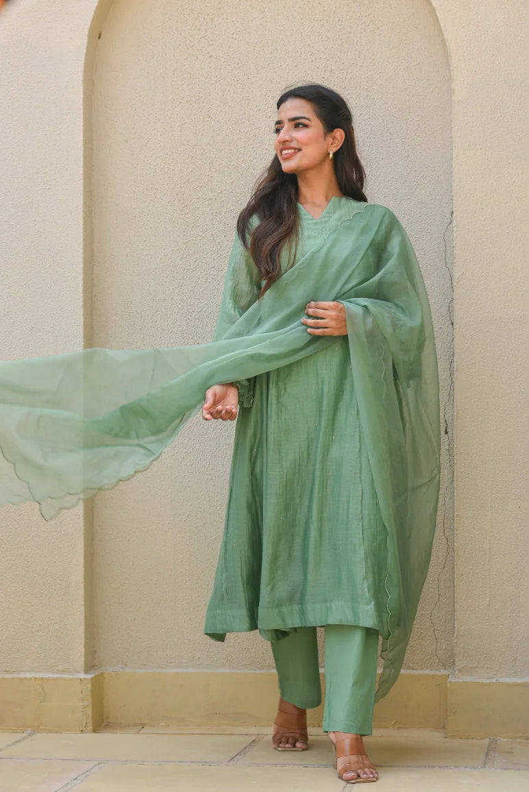 Fern Green Mukesh Work A-line Kurta Set