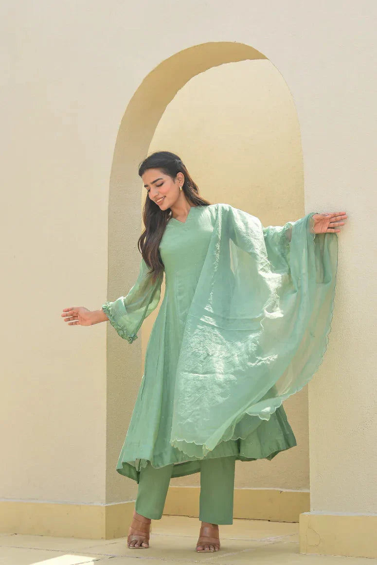 Mukesh Work A-Line Kurta Set - Ice Blue & Fern Green