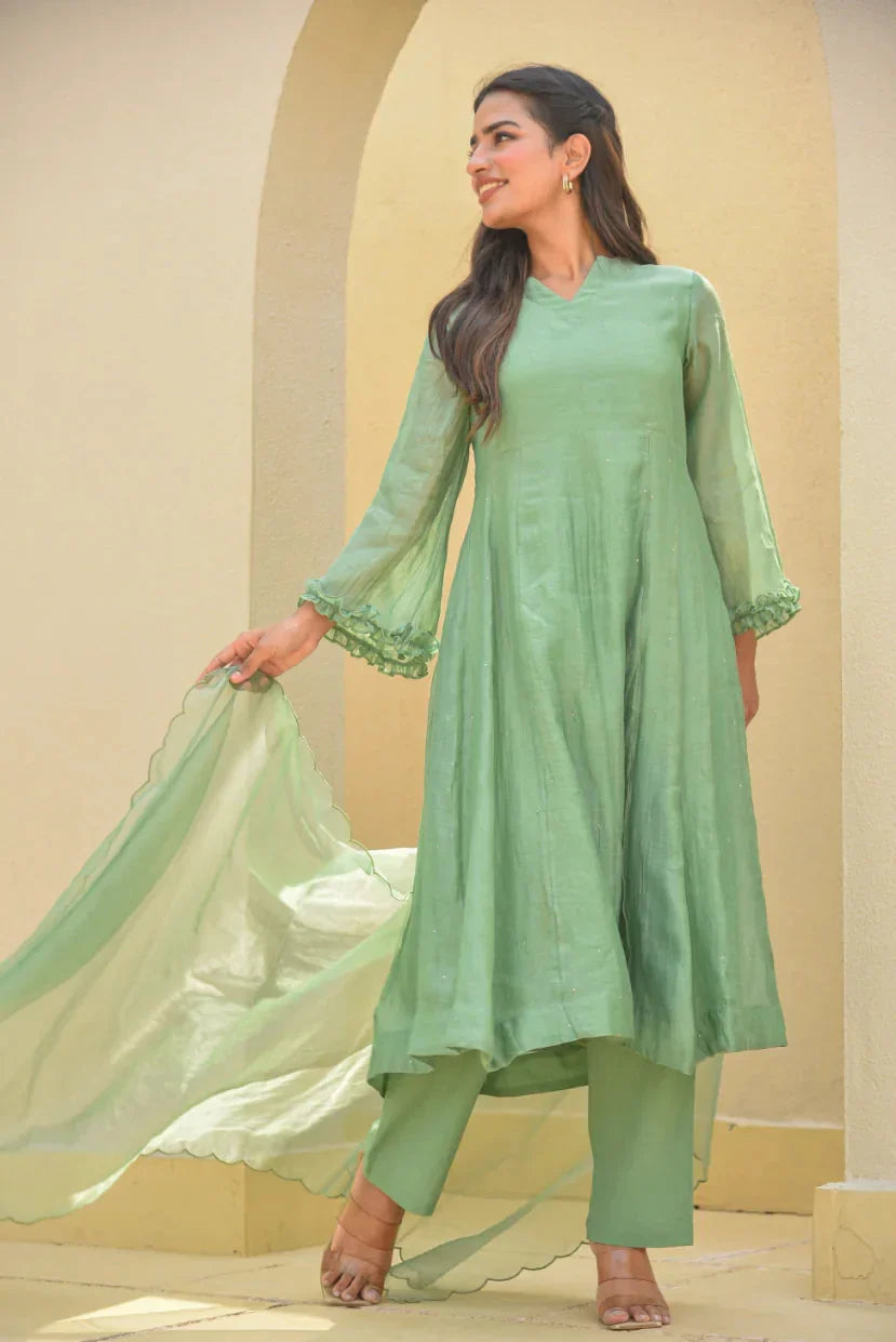 Mukesh Work A-Line Kurta Set - Ice Blue & Fern Green