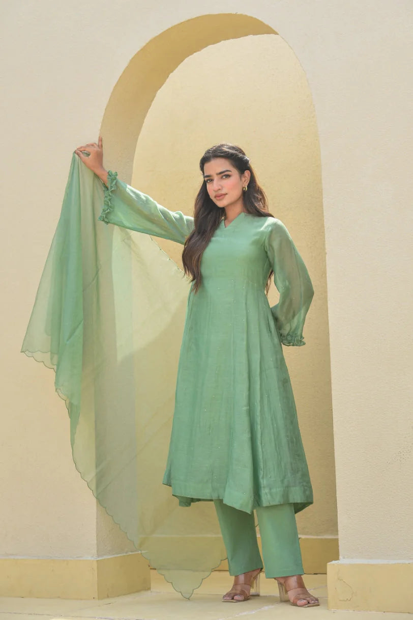Fern Green Mukesh Work A-line Kurta Set
