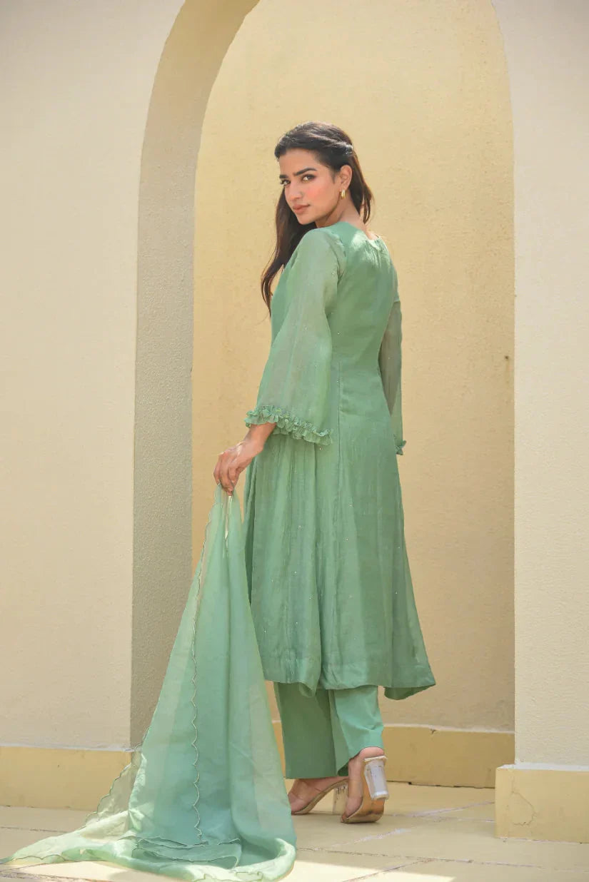 Mukesh Work A-Line Kurta Set - Ice Blue & Fern Green