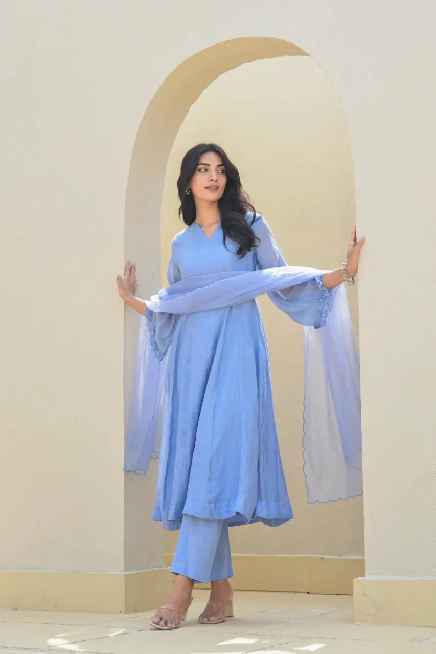 Mukesh Work A-Line Kurta Set - Ice Blue & Fern Green