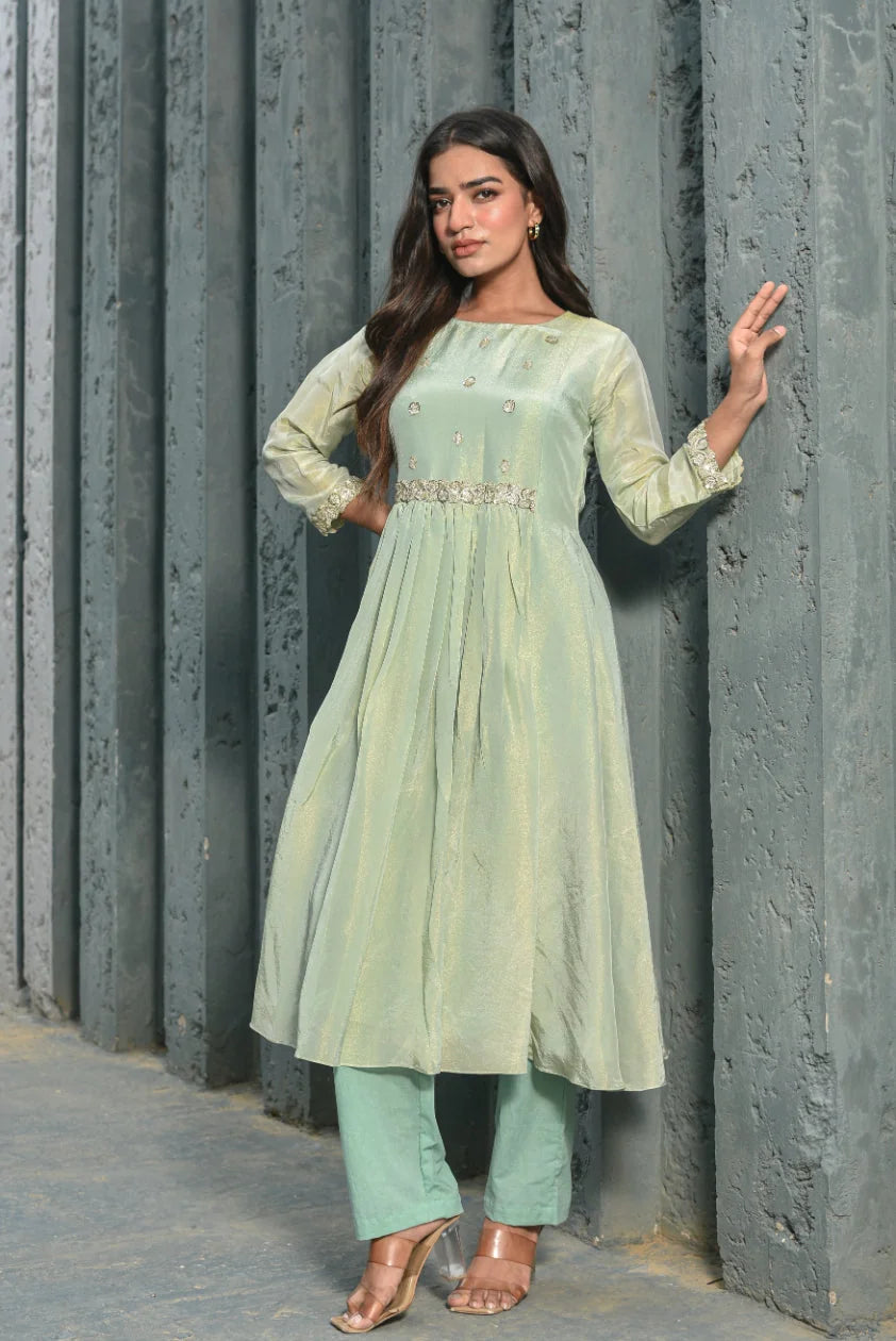Moss Green Zari Silk Anarkali Set