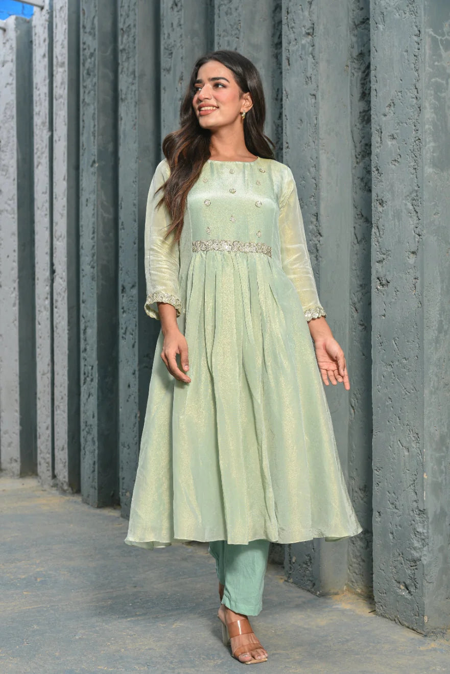 Moss Green Zari Silk Anarkali Set