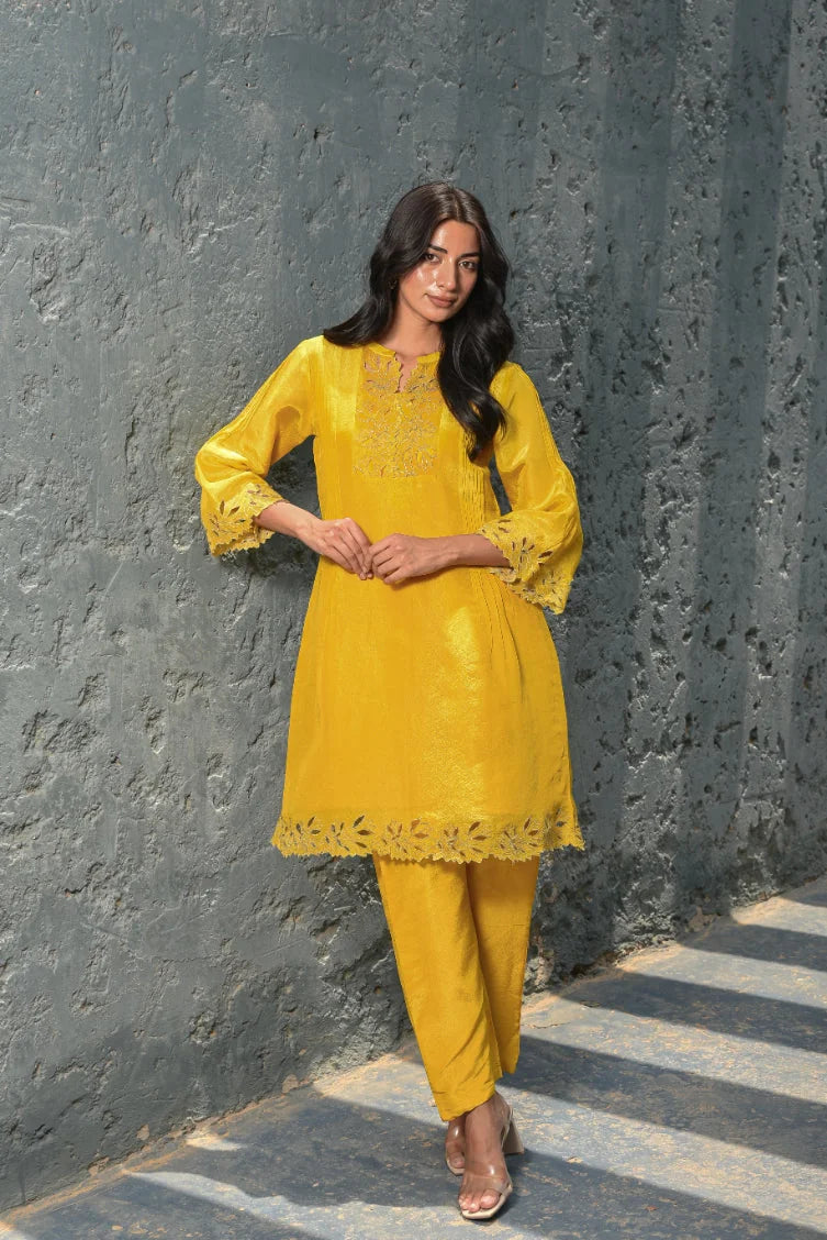 Daffodil Yellow Zari Silk Kurta Set - Luxury Fashion by Saroj Jain - View 5