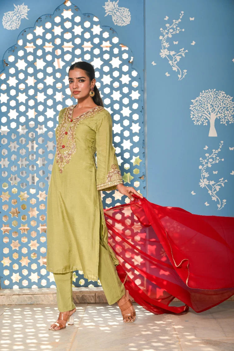 Green Heavy Embroidery Straight Kurta Set