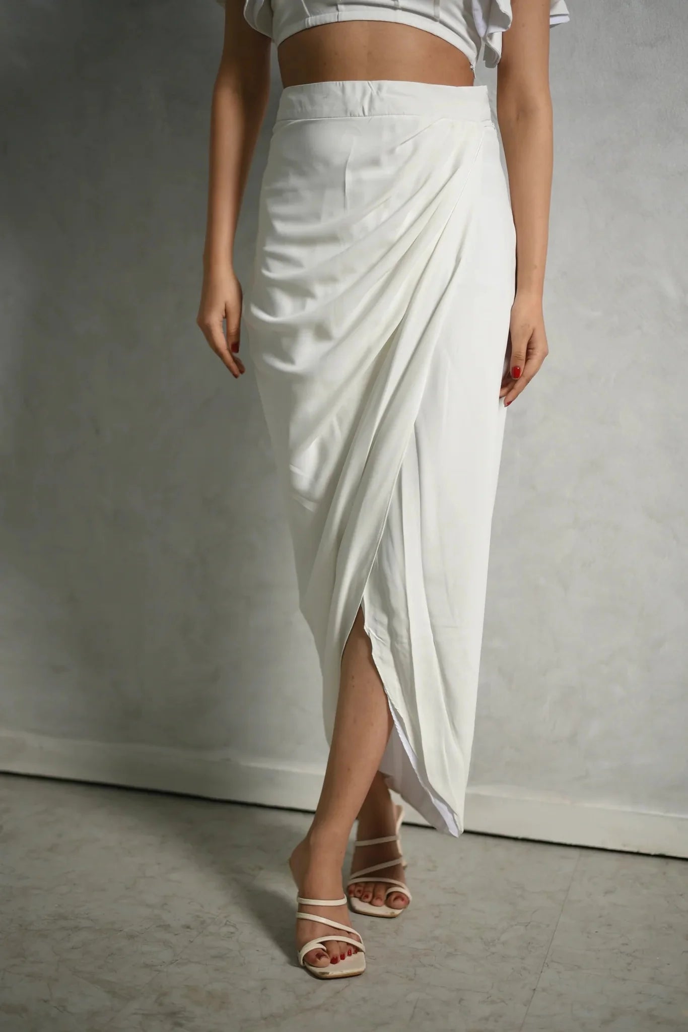 White Asymmetric Drape Midi Skirt - Italian Crepe Elegant Women's Skirt