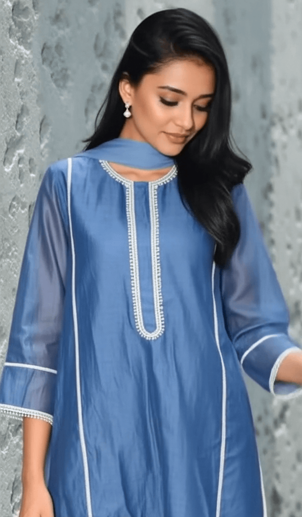 Model in Steel Blue Chanderi Kurta Set